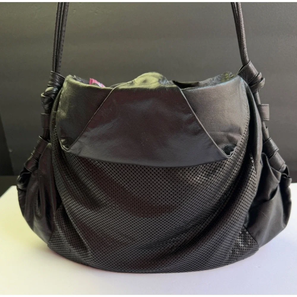 Whiting & Davis Black Mesh Metal Shoulder Bag Vintage 80s Leather L Hobo Slouchy